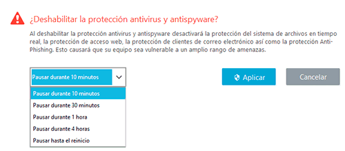 Selecciona el tiempo que deseas pausar la protección