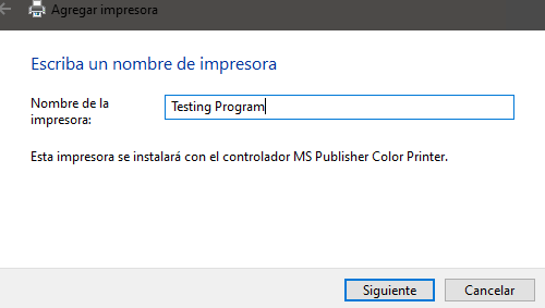  Escribe como nombre de la impresora Testing Program