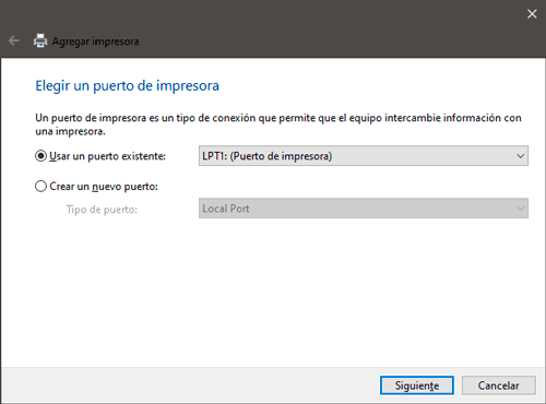 Selecciona el puerto LPT1: (Puerto de impresora)