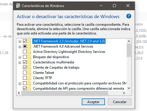 Activa la casilla de la característica y haz clic en aceptar