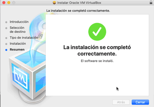 VirtualBox se instaló correctamente, haz clic en cerrrar