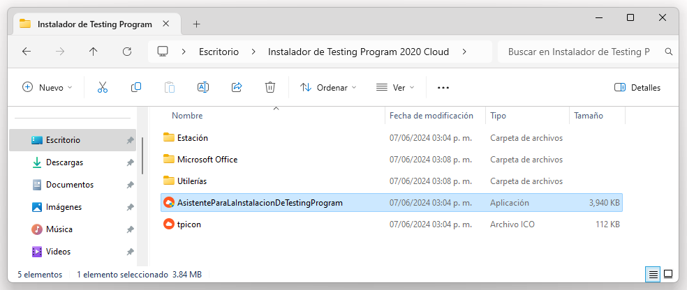 Ingresa a la carpeta Instalador de Recursos Testing Program Cloud