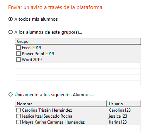 Selecciona a quién deseas enviarle el aviso