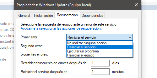 Define como respuesta del equipo reiniciar el servicio si         genera un error